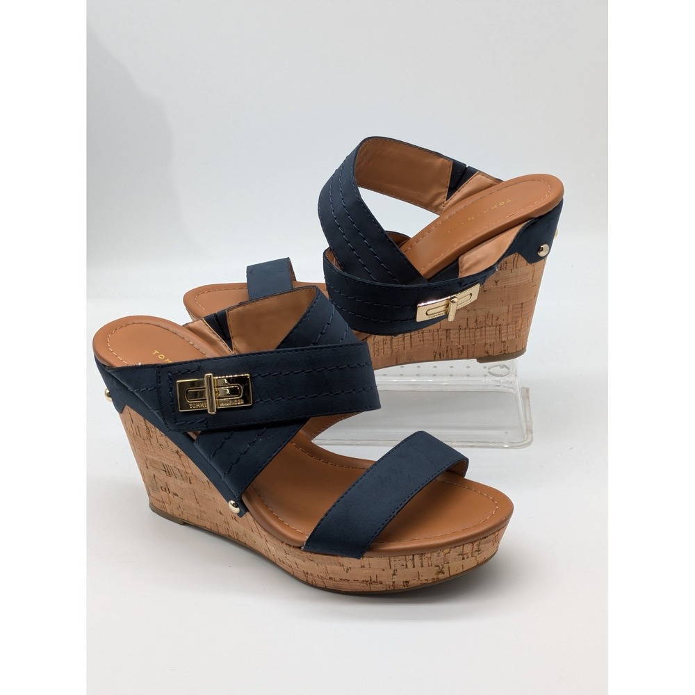 Tommy Hilfiger Womens 8.5M Navy Blue Cork Wedge Sandals Platform Gold Hardware